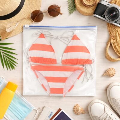 Pasta zip zap usada como bolsa de praia transparente